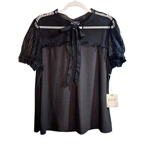 Perch 2X Black Satin Sheer Shoulders Top Short Sleeve Tie Neck‎ Blouse #364